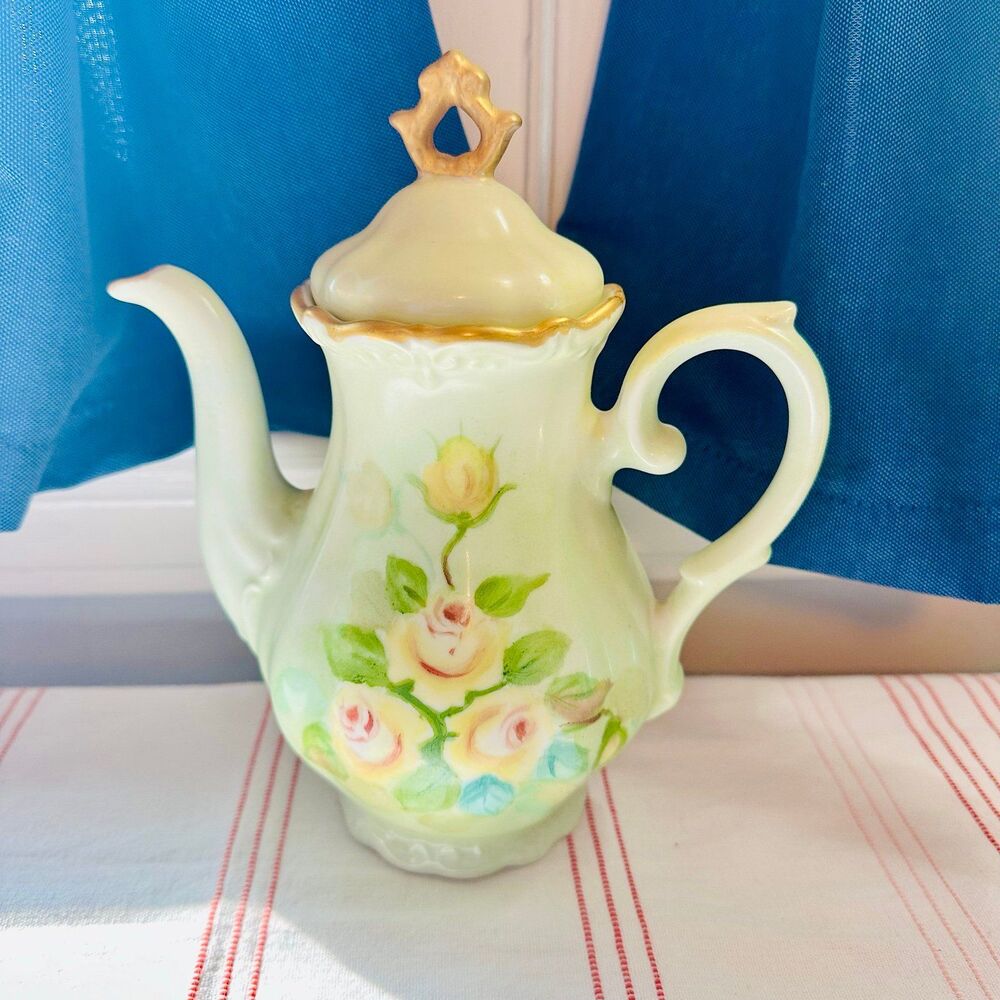 Vintage 1968 Porcelain Green Toned Teapot With Yellow Roses 9 inch